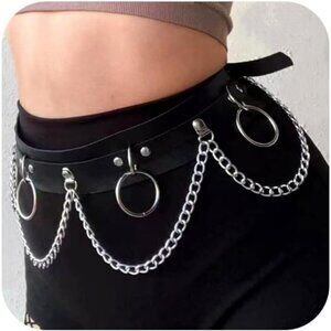 Women's Punk Belt with Chain Rave Leather Belt Goth Accessories Pendant Circle